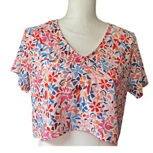 Meet Me In‎ Santorini Floral Print Crop Top Short Sleeve V Neck Colorful Blouse